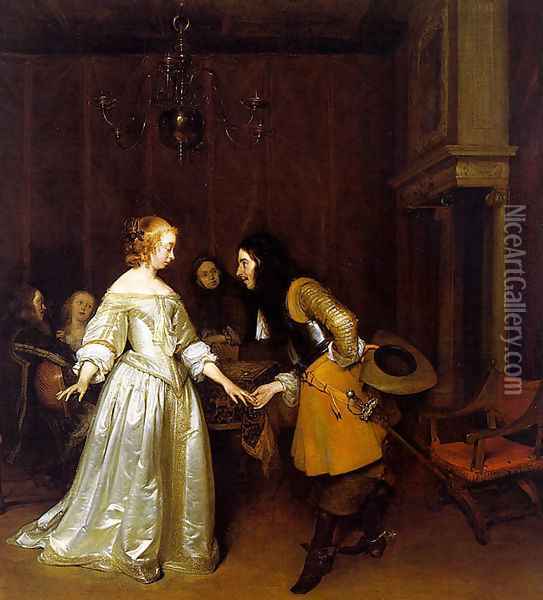 An Officer Making his Bow to a Lady 1662 Oil Painting - Gerard Ter Borch