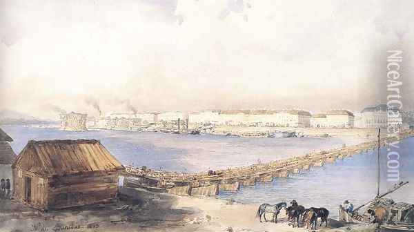 A hajóhíd a Lánchíd épülő pilléreivel, 1843 Oil Painting - Miklos Barabas