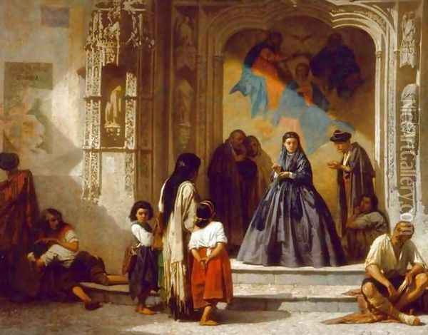 Young woman doing charity at the entrance to the chapel of the hospital in San Sebastian Cordoba Oil Painting - Leon Bonnat