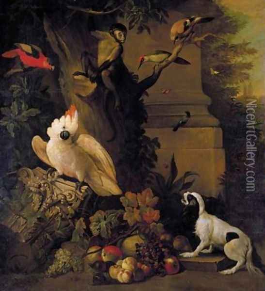 Still life with parrots, a jay, a woodpecker and a finch, together with a spaniel and various fruits in a parkland setting Oil Painting - Jakab Bogdany