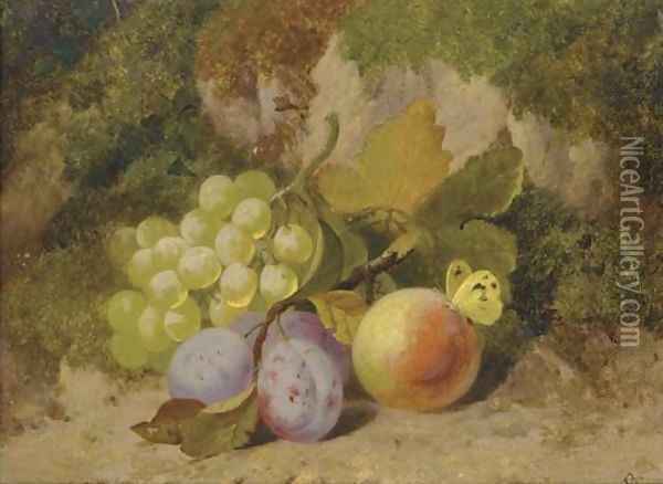 Grapes, plums, a peach and a butterfly, on a mossy bank Oil Painting - Charles Thomas Bale
