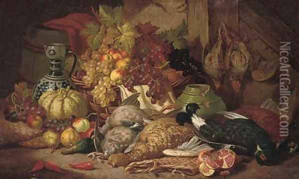 Dead game, fruit, a vase and ewer in a timbered interior Oil Painting - Charles Thomas Bale