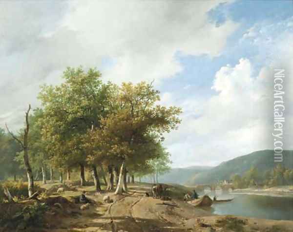 Daily activities along a river in a hilly landscape Oil Painting - Hendrikus van den Sande Bakhuyzen