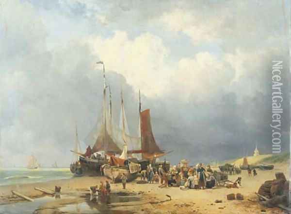 Sorting the catch on the beach of Scheveningen Oil Painting - Hendrikus van den Sande Bakhuyzen