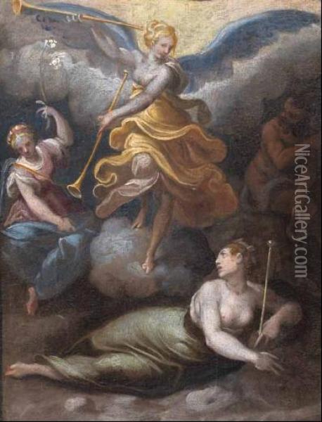 Personificazione Della Fama Con Tre Figure Allegoriche Oil Painting - Jacopo Zucchi