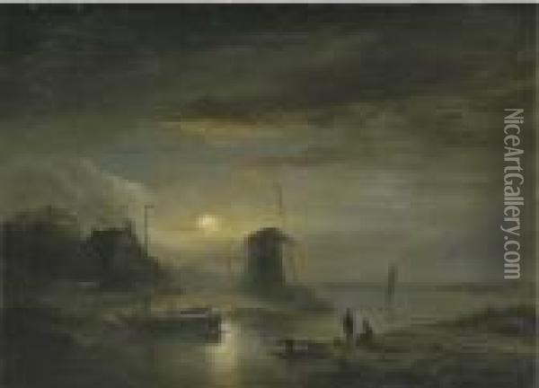 A Moonlit River Landscape Oil Painting - Jacobus Theodorus Abels