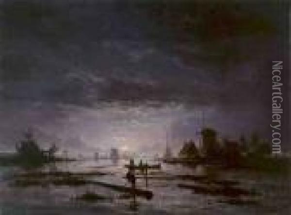 Vollmondbeschienene Flusslandschaft Oil Painting - Jacobus Theodorus Abels