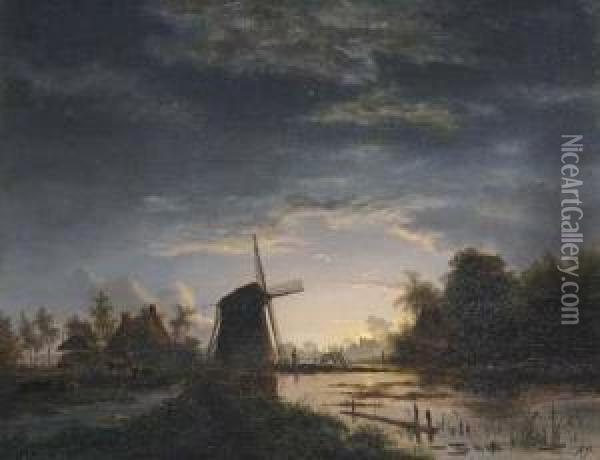 The Moon Rising Over A Windmill And Cottages Near A Marsh Oil Painting - Jacobus Theodorus Abels