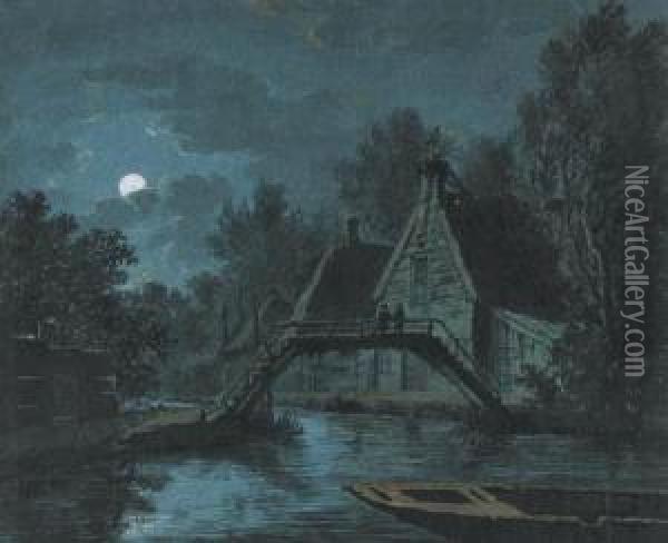 A Farm By A Canal In Moonlight With Figures On A Bridge Oil Painting - Jacobus Theodorus Abels