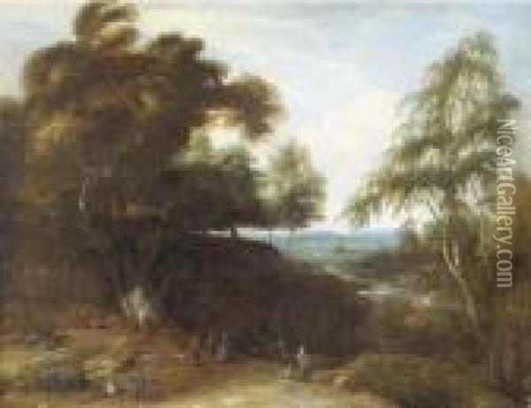 A Wooded Landscape With Figures And Dogs In A Clearing Oil Painting - Lucas Achtschellinck
