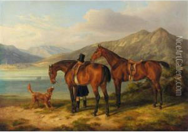 Reiter Und Zwei Pferde Am See (rider And Two Bays By A Lake) Oil Painting - Adam Albrecht