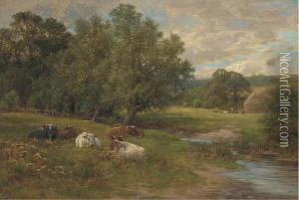 Cattle Resting By A Brook Oil Painting - Charles James Adams