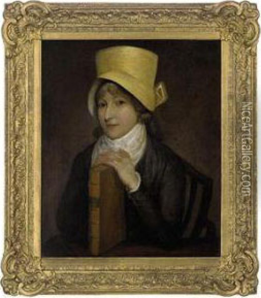 Portrait Of A Lady, Half-length,
 Seated In A Grey Dress And Yellowhat, Her Hands Resting On A Book Oil Painting - Jacques Laurent Agasse