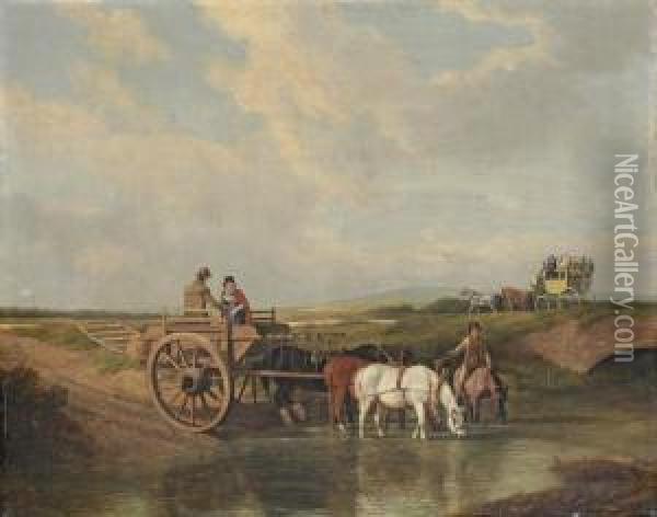 A Landscape With A Cart At A Ford, Farmhorses Watering, And A Coachbeyond Oil Painting - Jacques Laurent Agasse