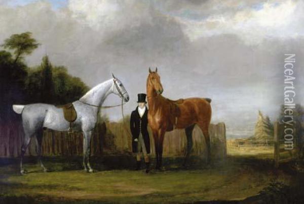 A Gentleman And His Two Favorite Horses Oil Painting - Jacques Laurent Agasse