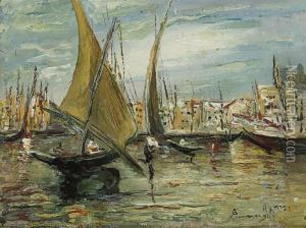 Fishing Boats Moored At The Harbour; And Fishing Boats At A Quay Oil Painting - Ermenegildo Agazzi