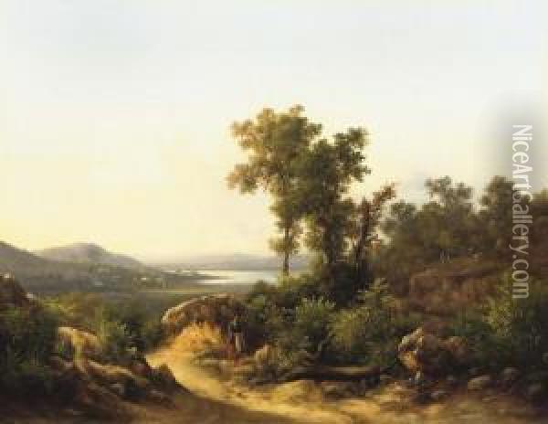 Motivo Apresso Il Lago Trasimeno: A View Of Lake Trasimeno, Italy Oil Painting - Guido Agostini