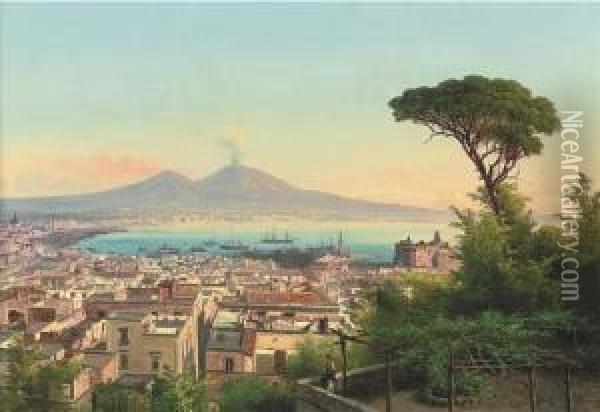 A Maiden On A Neapolitan Balcony, Vesuvius Beyond Oil Painting - Guido Agostini