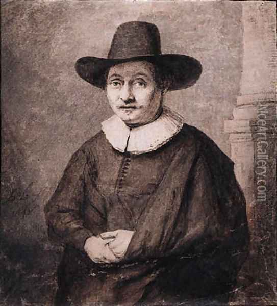 Portrait of a Gentleman wearing a Hat, standing by a column Oil Painting - Ferdinand Bol
