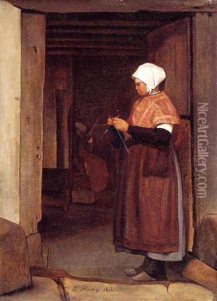 Peasant Knitting Oil Painting - Francois Bonvin