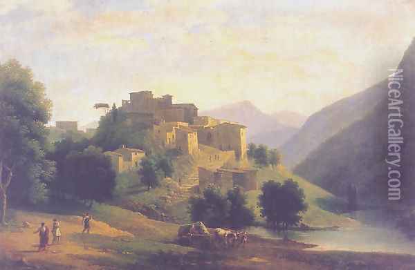 Landscape with a town on the edge of a river and an ox-drawn cart and figures in the foreground 1827 Oil Painting - Jean-Victor Bertin