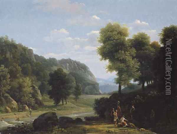 An Italianate landscape with women collecting water, a shepherd and his flock beyond Oil Painting - Jean-Victor Bertin