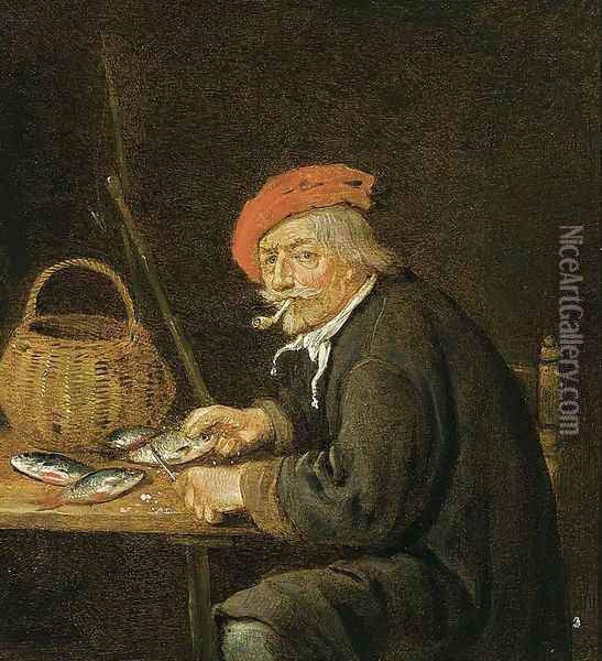 Man Scaling Fish 1660-65 Oil Painting - Quiringh Gerritsz. van Brekelenkam