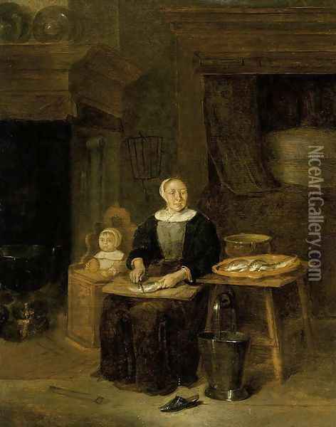 A Woman Scaling Fish 1666 Oil Painting - Quiringh Gerritsz. van Brekelenkam