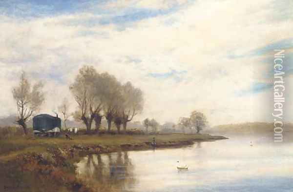 A misty morning on the tow path at Shepperton Oil Painting - Alfred de Breanski