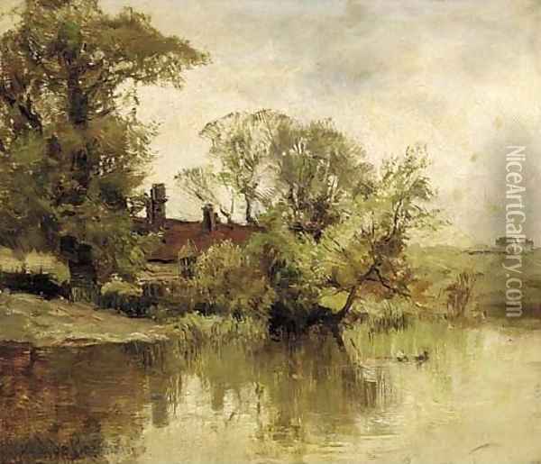 A riverside farm Oil Painting - Alfred de Breanski