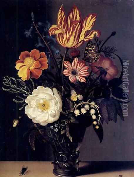 Nature morte au bouquet de roses, tulips et muguet dans un verre roemer Oil Painting - Ambrosius the Elder Bosschaert