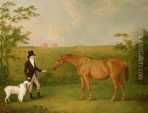 A Gentleman with a White Dog and a Chestnut Mare in a Landscape Oil Painting - John Boultbee