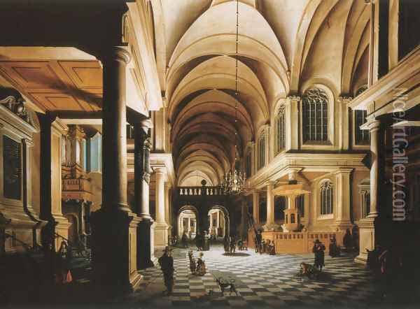A church interior by candlelight with figures conversing 1652 Oil Painting - Daniel de Blieck