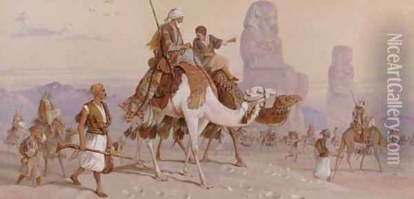 A caravan passing the statues of Memnon in the plain of Goorna at Thebes 1876 Oil Painting - Joseph-Austin Benwell