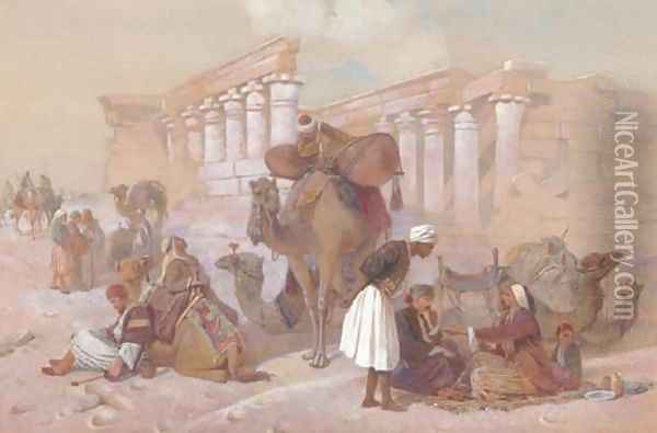 Arabs with their camels by temple ruins Oil Painting - Joseph-Austin Benwell