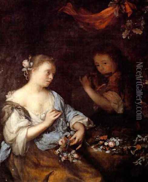 A young boy playing a flute to a young woman holding a garland of flowers in a wooded landscape Oil Painting - Arnold Boonen
