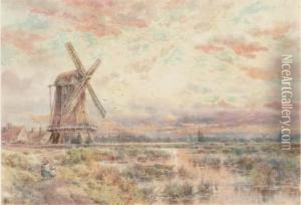 A Windmill On The Fens At Dusk Oil Painting - Charles Frederick Allbon
