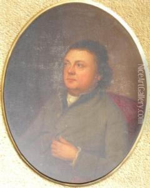 'portrait Of A Gentleman Wearing A Brown Jacket', Half Length, Seated Oil Painting - Francis Alleyne