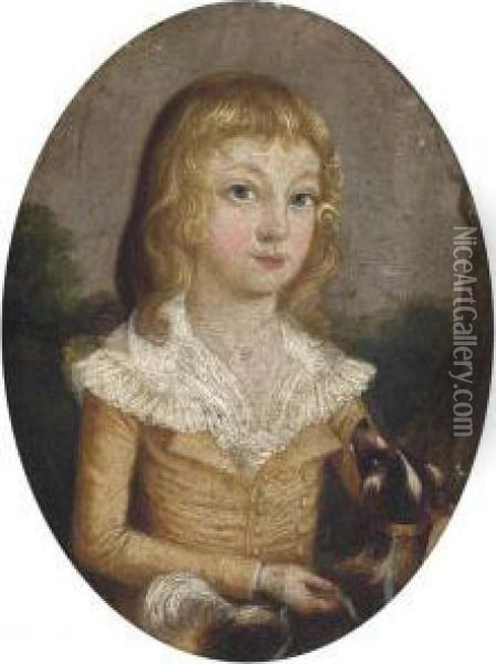 Portrait Of A Girl And Her Dog, Small Half-length, Wearing A Brownshirt, In A Landscape Oil Painting - Francis Alleyne