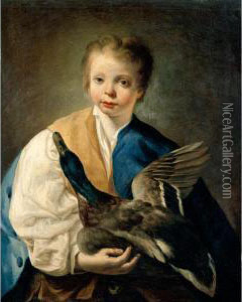 A Young Boy Holding A Mallard Drake Oil Painting - Giuseppe Angeli