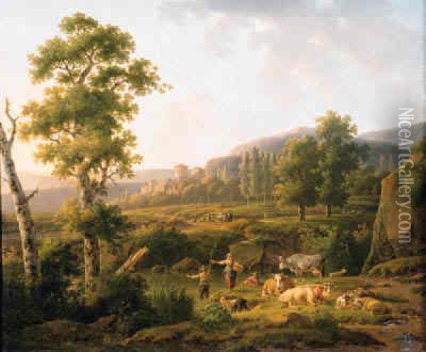 Dawn: A Shepherdess Conversing 
With An Angler On A River Bank, Withpeasants Going To The Market On A 
Country Road, A Castle Beyond;and Sunset: A Peasant Woman And A Shepherd
 Watering Cattle Andsheep, Travellers And A Cowherd On A Track Beyond Oil Painting - Hendrik van Anthonissen