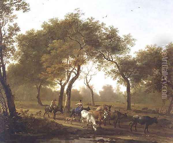 Two peasants with a herd of cattle on a wooded path leading to a lake Oil Painting - Jan Both