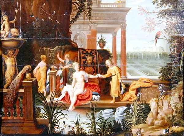 Bathsheba at the pool with her attendants Oil Painting - Hendrik van Balen