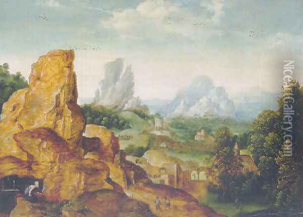 The penitent Saint Jerome in a grotto in a mountainous landscape Oil Painting - Herri met de Bles