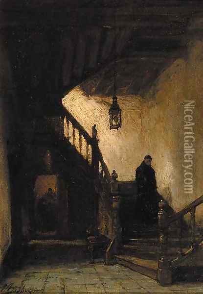 Kloostertrap te Boxmeer a monk descending a staircase Oil Painting - Johannes Bosboom