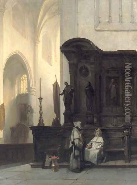 Gothische kerk te Wouw a Gothic church interior with monks conversing Oil Painting - Johannes Bosboom