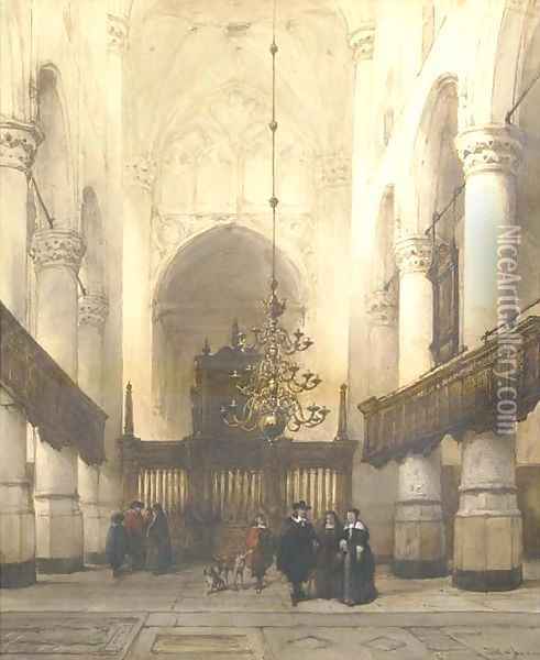 Figures in the Nieuwe Kerk, Delft Oil Painting - Johannes Bosboom