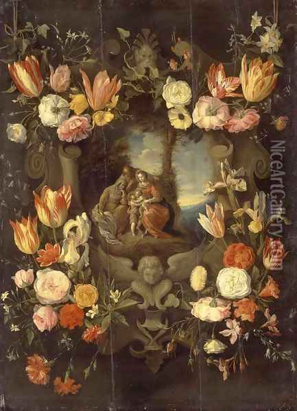 Holy Family Framed with Flowers Oil Painting - Jan Brueghel the Younger