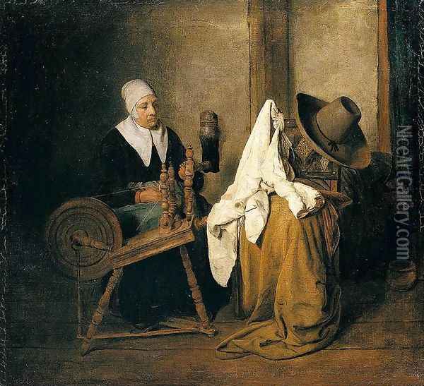 Interior with an Old Woman at a Spinning Wheel 1667 Oil Painting - Esaias Boursse