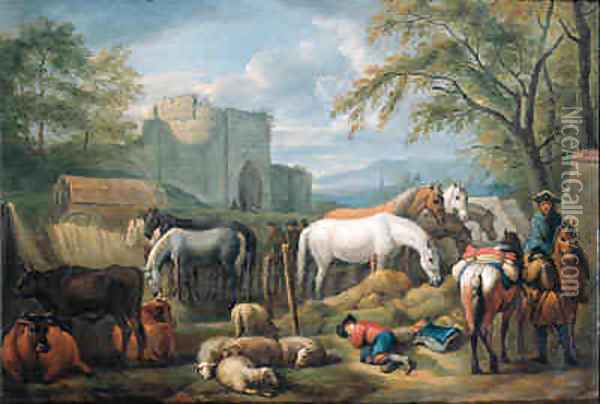 Cavalry man halting at a refreshment place for horses outside a town gate, a shepherd boy asleep in the foreground Oil Painting - Pieter van Bloemen